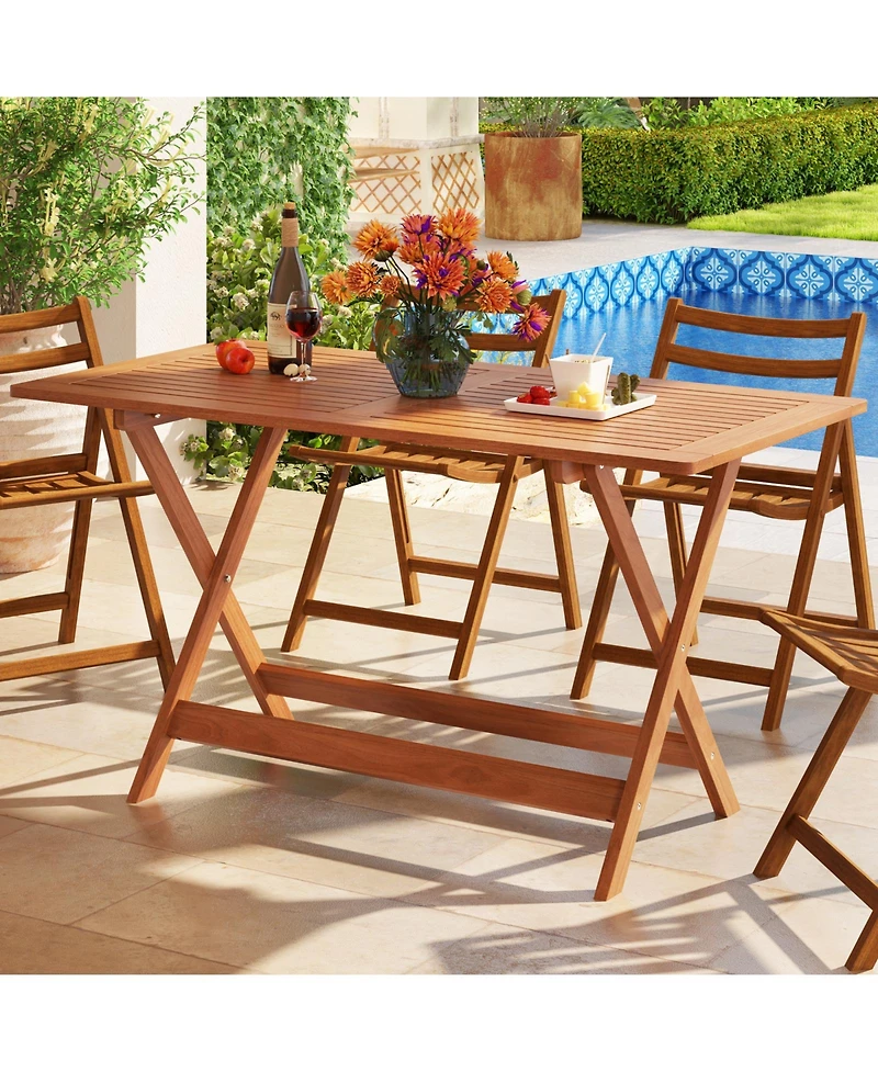Gymax 54.5'' x 27.5'' Patio Dining Table w/ Teak Painting 2'' Umbrella Hole for Balcony