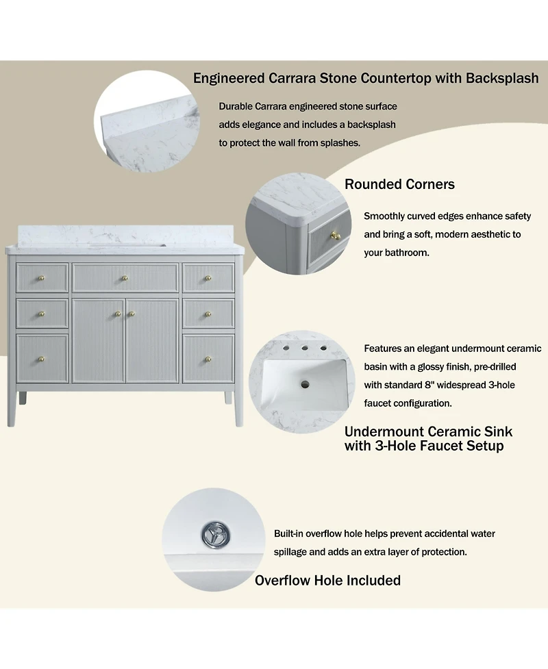 Casainc Fully Assembled 48" Freestanding Single Sink Bathroom Vanity with Solid Wood Construction and Engineered Marble Top