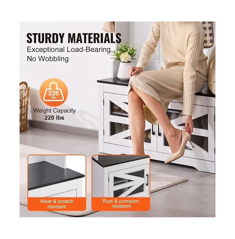 Slickblue Entryway Bench with Led Coat Rack, 7 Hooks, Shoe Storage, and Adjustable Shelves