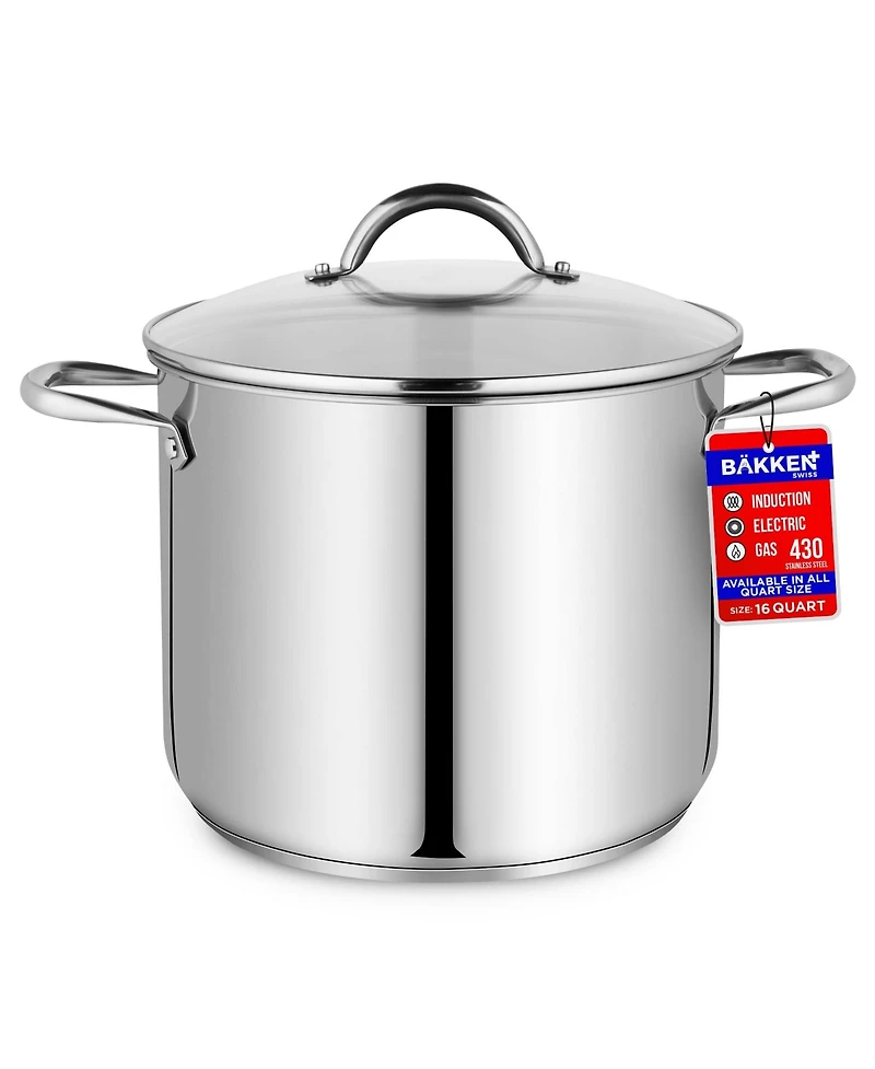 Bakken-Swiss Deluxe 16-Quart Stainless Steel Stockpot w/Tempered Glass See-Through Lid - Simmering Delicious Soups Stews & Induction Cooking