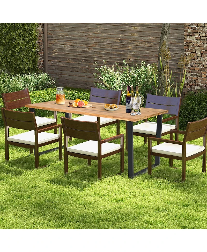 Gymax Patio Rectangle Dining Table Acacia Wood with 2'' Umbrella Hole Indoor and Outdoor Deck