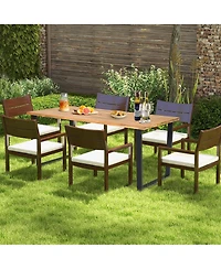 Gymax Patio Rectangle Dining Table Acacia Wood with 2'' Umbrella Hole Indoor and Outdoor Deck