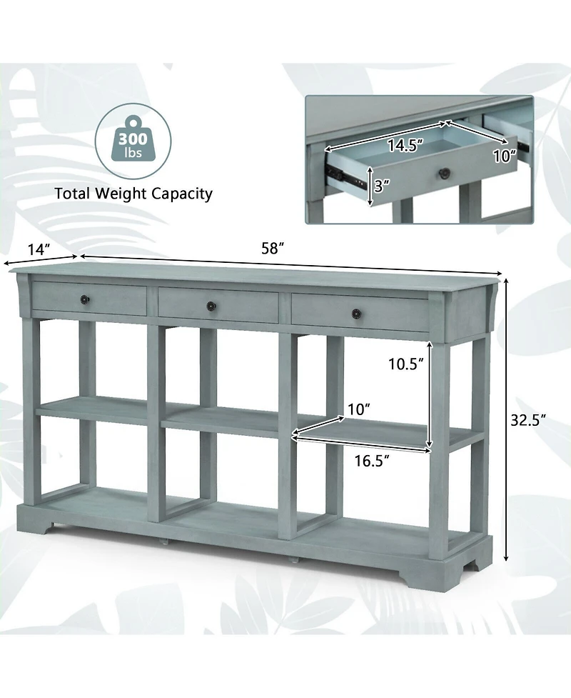 Volenca 58" Retro Console Table with 3 Drawers and Open Shelves Rectangular Entryway Table