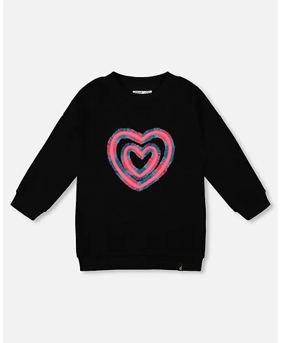 Deux par Big Girls Fleece Jacquard Tunic Black with Heart Applique