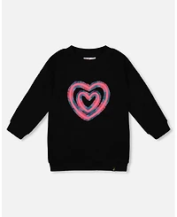 Deux par Big Girls Fleece Jacquard Tunic Black with Heart Applique