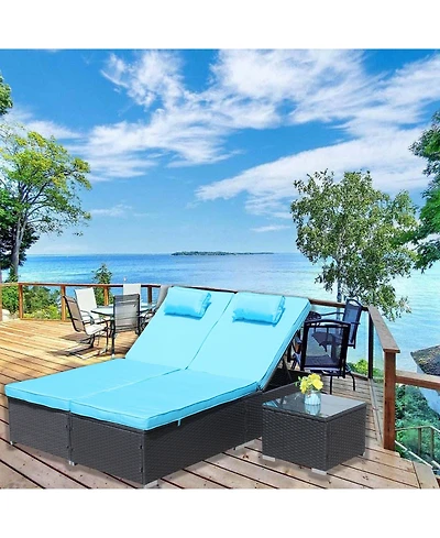 Flynama 3-Piece Outdoor Patio Furniture Set Chaise Lounge, Patio Reclining Rattan Lounge Chair Chaise Couch Cushioned with Glass Coffee Table