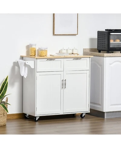 Halifax North America White Kitchen Island: 41" Rolling Cart with Rubberwood Top and Drawers