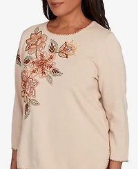 Alfred Dunner Women's Mount Laurel Asymmetrical Embroidered Flower Sweater