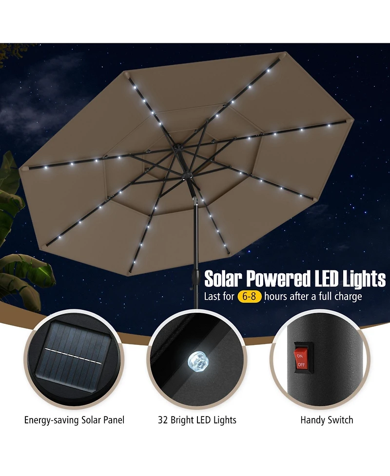 Gymax 10 Ft Solar Patio Umbrella w/ 32 Led Lights 3-Tier Vented Top Tilt Adjustment