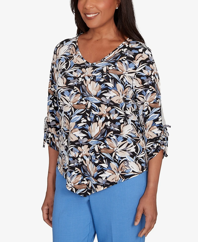 Alfred Dunner Women's Tie Sleeve Brushstroke Floral Knit Top