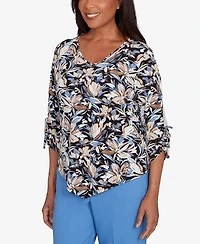 Alfred Dunner Women's Tie Sleeve Brushstroke Floral Knit Top