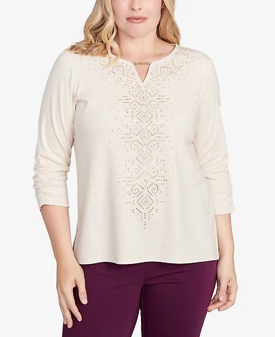 Alfred Dunner Women's Urban Legend Center Embellished V-Neck Top