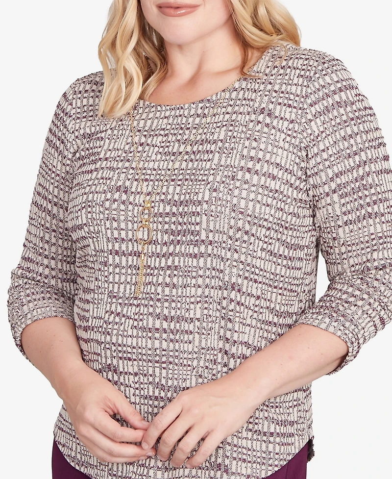 Alfred Dunner Women's Urban Legend Textured Shimmer Space Dye Top with Necklace
