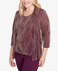 Alfred Dunner Women's Urban Legend Glitter Leaf Two One Top with Necklace