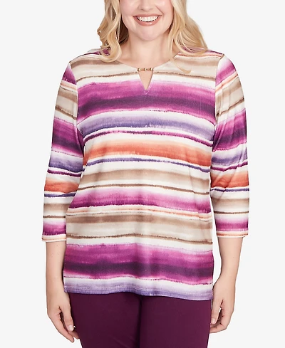 Alfred Dunner Women's Urban Legend Watercolor Biadere Beaded Split Neck Top