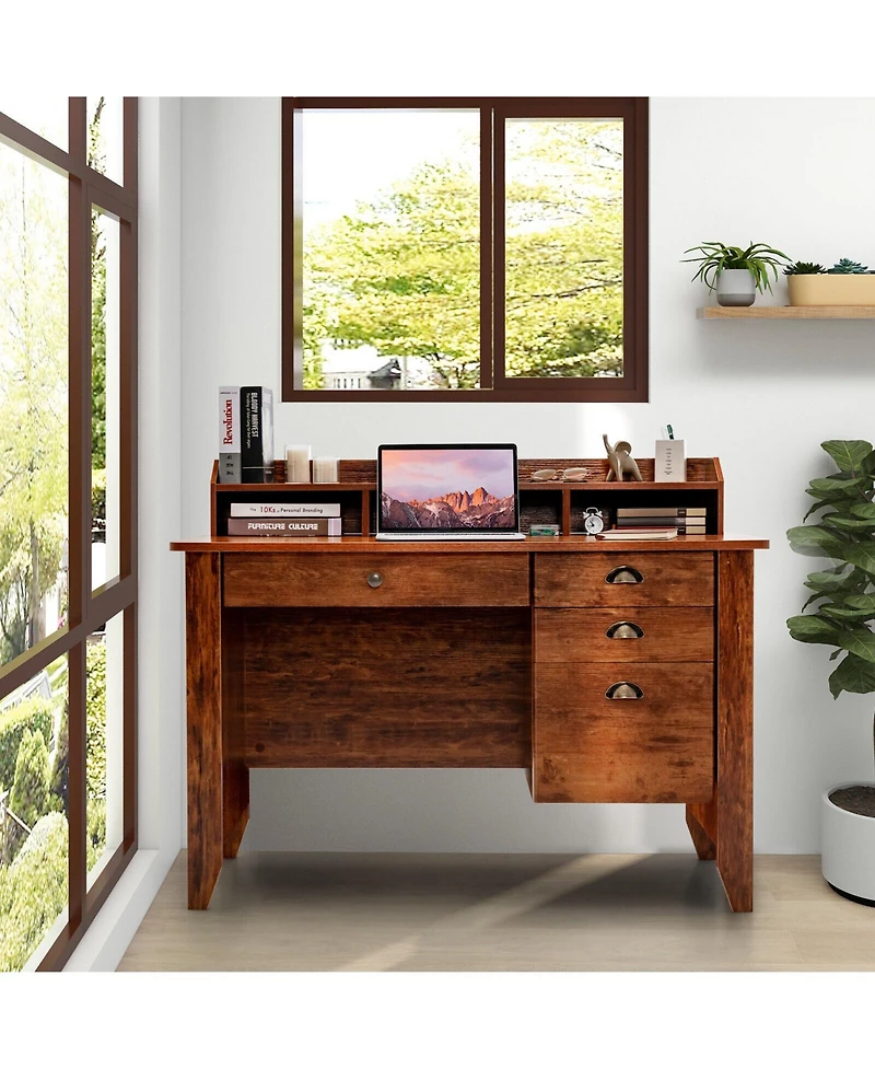 Mecale Vintage Computer Desk with Storage Shelves and 4 Drawers