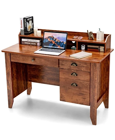 Mecale Vintage Computer Desk with Storage Shelves and 4 Drawers
