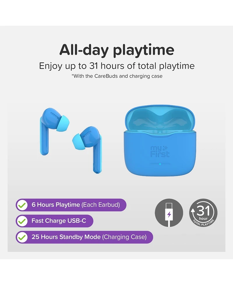 myFirst CareBuds () Kids Wireless Earbuds with 85dB Volume Limit, Built-in Mic, 6 Ear Tips, Anti-Lost Strap Easy Pairing