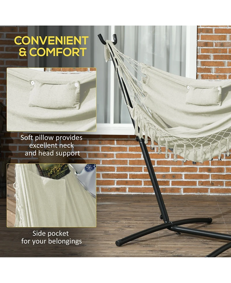 Flynama Patio Hammock Chair with Stand, Outdoor Hammock Swing Hanging Lounge Chair with Side Pocket and Headrest, Cream White