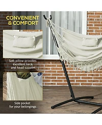 Flynama Patio Hammock Chair with Stand, Outdoor Hammock Swing Hanging Lounge Chair with Side Pocket and Headrest, Cream White