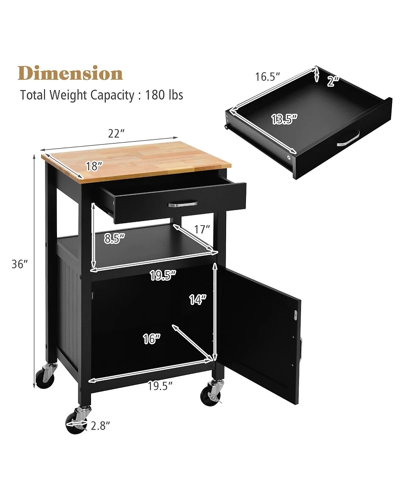 Volenca Rolling Kitchen Island Cart with Drawer and Side Hooks