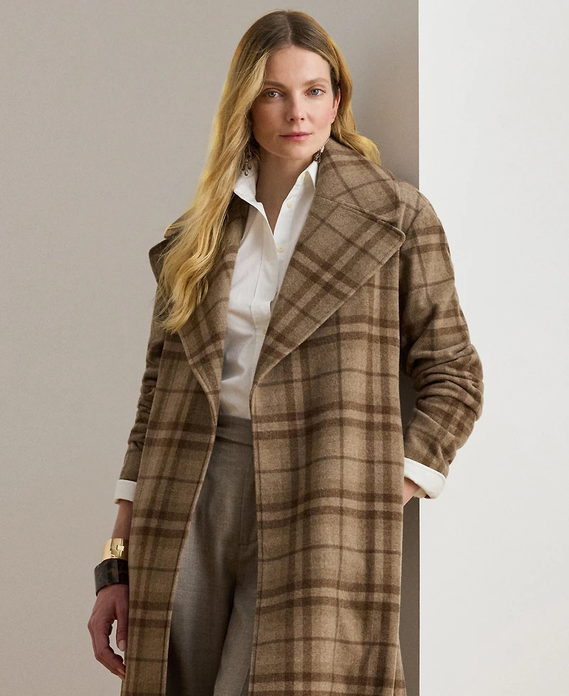 Lauren Ralph Women's Plaid Wool Blend Twill Wrap Coat