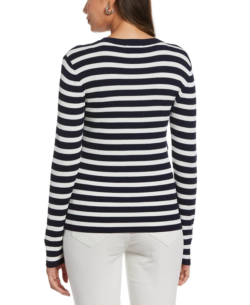 Ella Rafaella Women's Snap Trim Stripe Asymmetrical Sweater