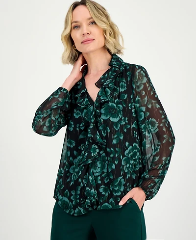 Kasper Women's Printed Ruffle-Front Long-Sleeve Blouse