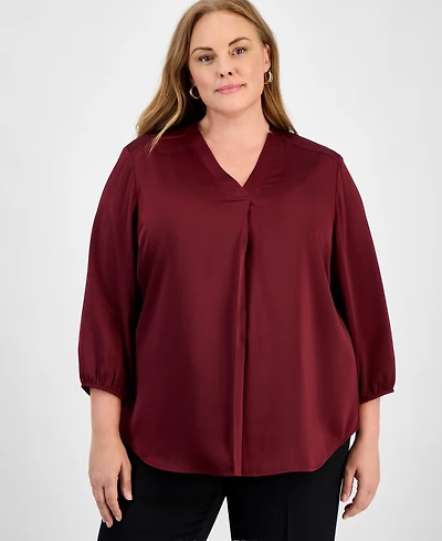Jones New York Plus Satin 3/4-Puff Sleeve V-Neck Blouse