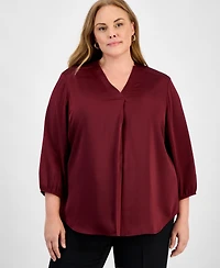 Jones New York Plus Satin 3/4-Puff Sleeve V-Neck Blouse