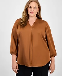 Jones New York Plus Size Satin 3/4-Puff Sleeve V-Neck Blouse