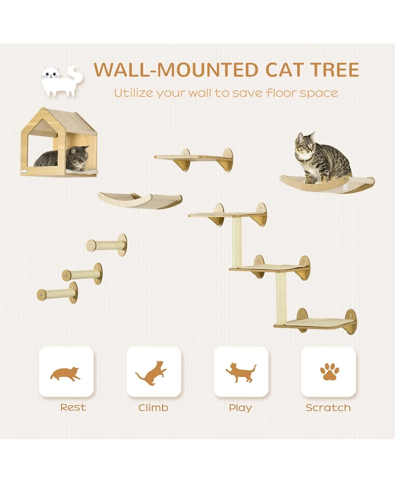 PawHut 10-Lvl Wood Cat Tree W/ Cat Shelves, Modern Wall-Mount Cat Tree