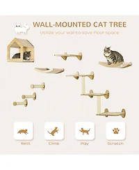 PawHut 10-Lvl Wood Cat Tree W/ Cat Shelves, Modern Wall-Mount Cat Tree