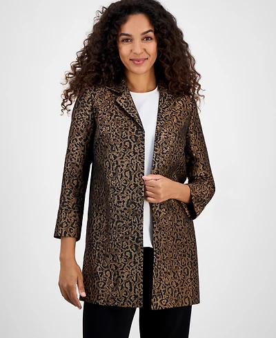 Kasper Leopard Jacquard Open-Front 3/4-Sleeve Topper, Regular & Petites