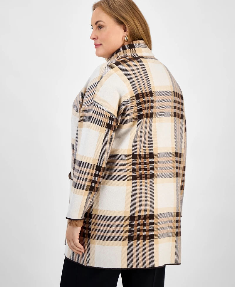 Jones New York Plus Plaid Shawl-Collar Coatigan