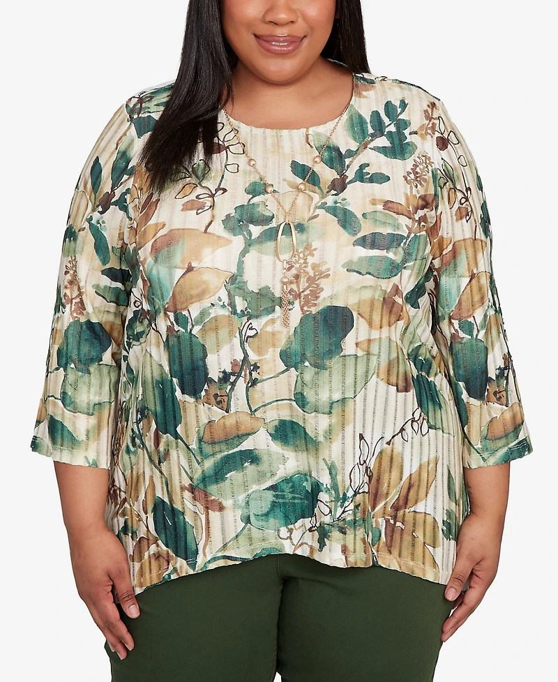 Alfred Dunner Plus Mount Laurel Abstract Leaf Sharkbite Hem Pull On Top with Necklace