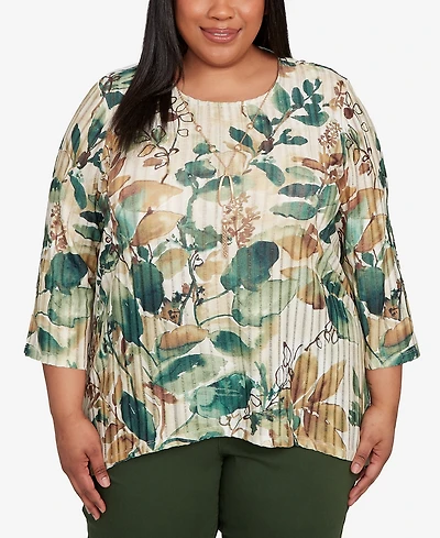 Alfred Dunner Plus Mount Laurel Abstract Leaf Sharkbite Hem Pull On Top with Necklace