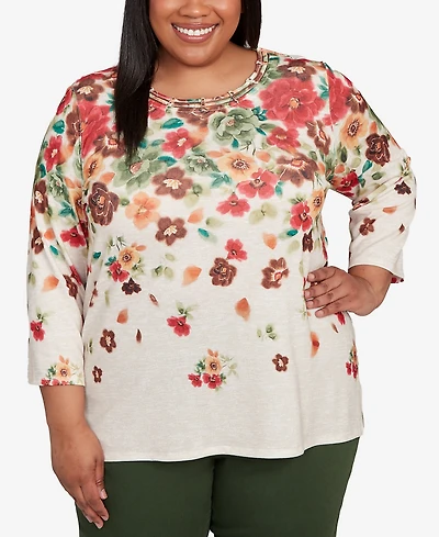 Alfred Dunner Plus Mount Laurel Floral Detailed Neck Top