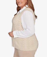Alfred Dunner Plus Urban Legend Pointelle Texture Two One Sweater with Necklace