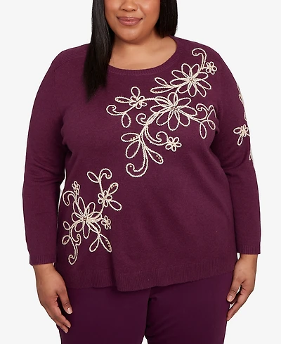 Alfred Dunner Plus Urban Legend Diagonal Floral Embroidered Sweater