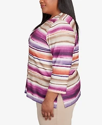 Alfred Dunner Plus Urban Legend Watercolor Biadere Beaded Split Neck Top