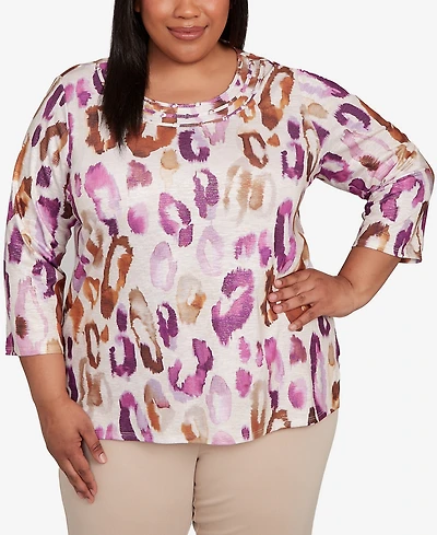 Alfred Dunner Plus Urban Legend Dramatic Animal Three Quarter Sleeve Top
