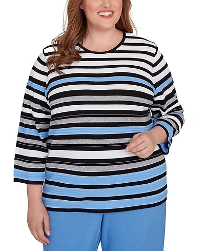 Alfred Dunner Plus As Usual Textured Stripe Sweater with Necklace