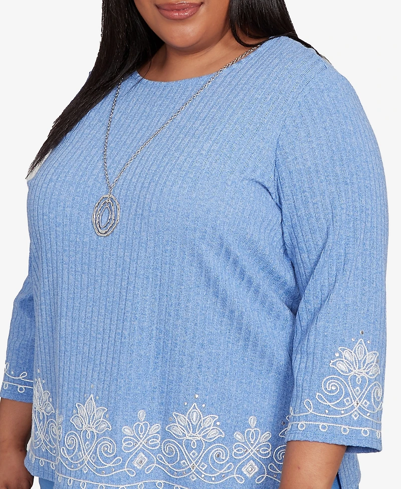 Alfred Dunner Plus As Usual Medallion Bordered Periwinkle Pull On Top with Necklace