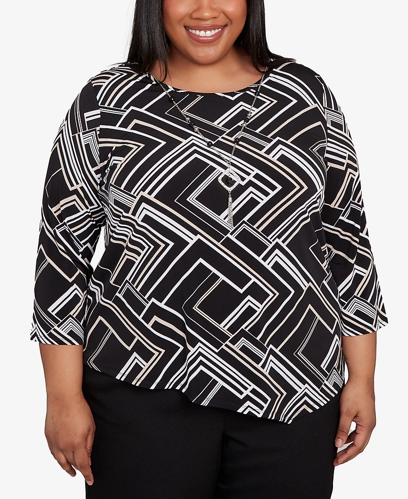 Alfred Dunner Plus As Usual Geometric Textured Top with Necklace