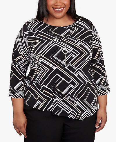 Alfred Dunner Plus As Usual Geometric Textured Top with Necklace