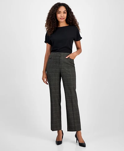 Kasper Plaid Faux-Leather Straight-Leg Pants, Regular & Petites