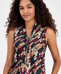 Kasper Geo-Print Satin Tie-Neck Sleeveless Top, Regular & Petites