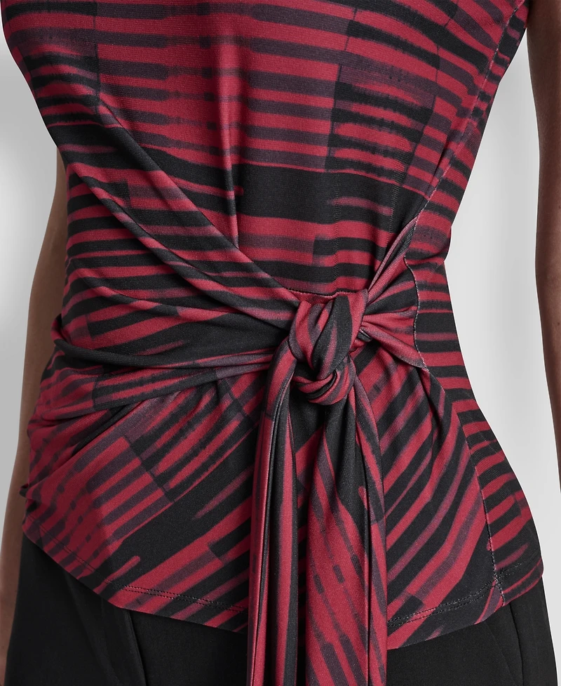 Dkny Women's Printed Jersey Waist Tie Detail Knit Top