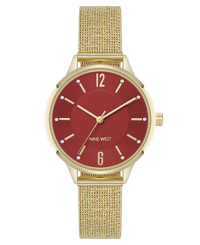 Nine West Women's Quartz Capital Burgundy and Gold-Tone Stainless Steel Mesh Watch, 34mm
